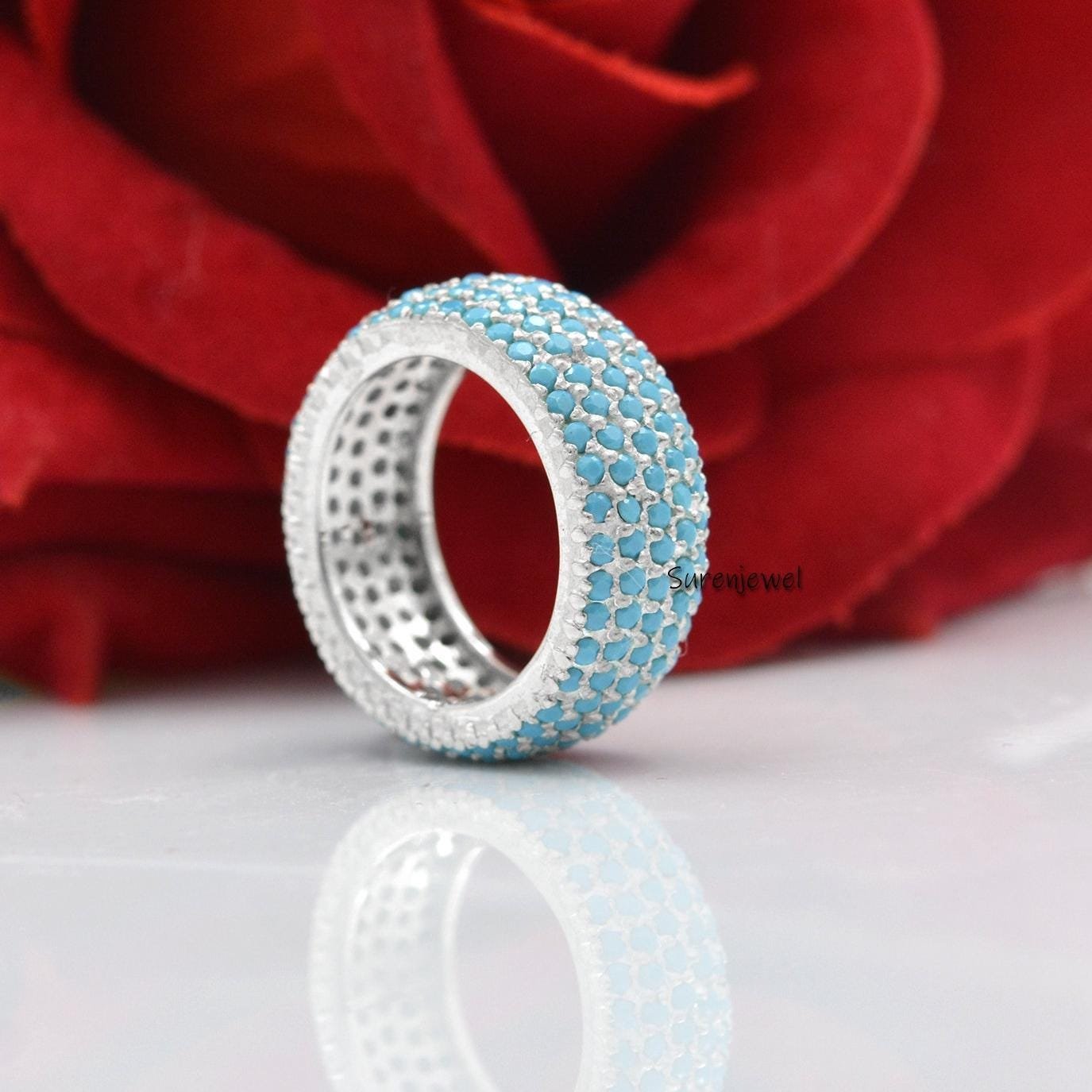 Turkish Turquoise 5 Row Ring, Gemstone Cigar Band - Suren Jewels | SKU: SJR801-SLRGRHTQ-US-8 Turkish Turquoise 5 Row Ring, Gemstone Cigar Band - Suren Jewels | SKU: SJR801-SLRGRHTQ-US-8