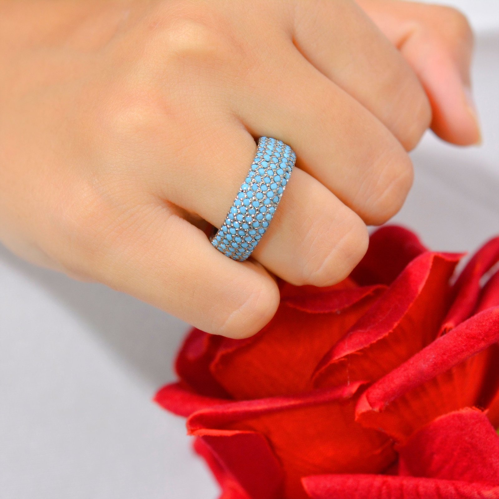 Turkish Turquoise 5 Row Ring, Gemstone Cigar Band - View 2 - Suren Jewels | SKU: SJR801-SLRGRHTQ-US-8 Turkish Turquoise 5 Row Ring, Gemstone Cigar Band - View 2 - Suren Jewels | SKU: SJR801-SLRGRHTQ-US-8