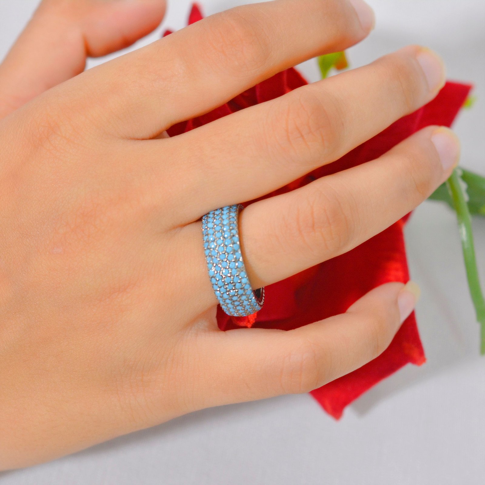 Turkish Turquoise 5 Row Ring, Gemstone Cigar Band - View 3 - Suren Jewels | SKU: SJR801-SLRGRHTQ-US-8 Turkish Turquoise 5 Row Ring, Gemstone Cigar Band - View 3 - Suren Jewels | SKU: SJR801-SLRGRHTQ-US-8
