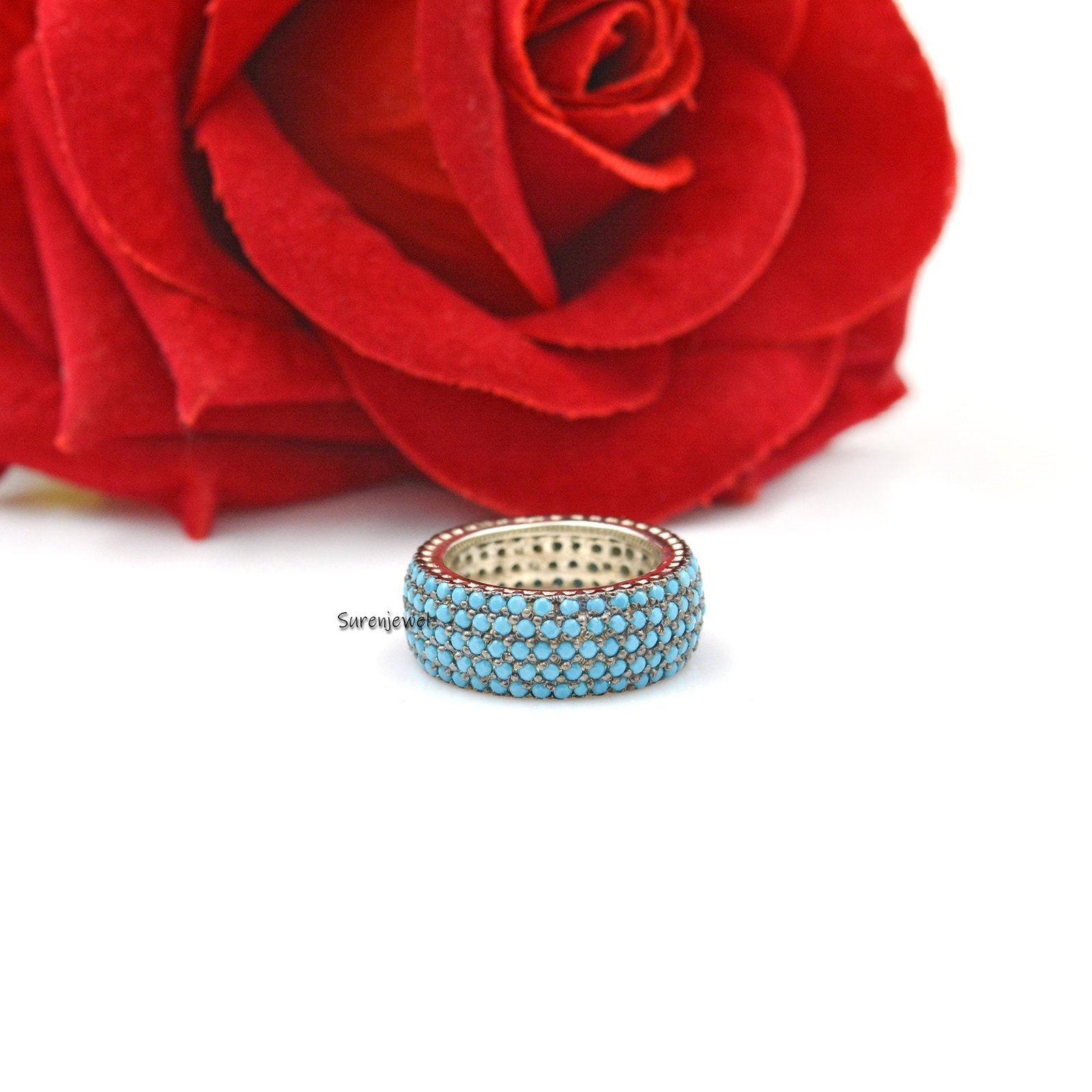 Turkish Turquoise 5 Row Ring, Gemstone Cigar Band - View 4 - Suren Jewels | SKU: SJR801-SLRGRHTQ-US-8 Turkish Turquoise 5 Row Ring, Gemstone Cigar Band - View 4 - Suren Jewels | SKU: SJR801-SLRGRHTQ-US-8