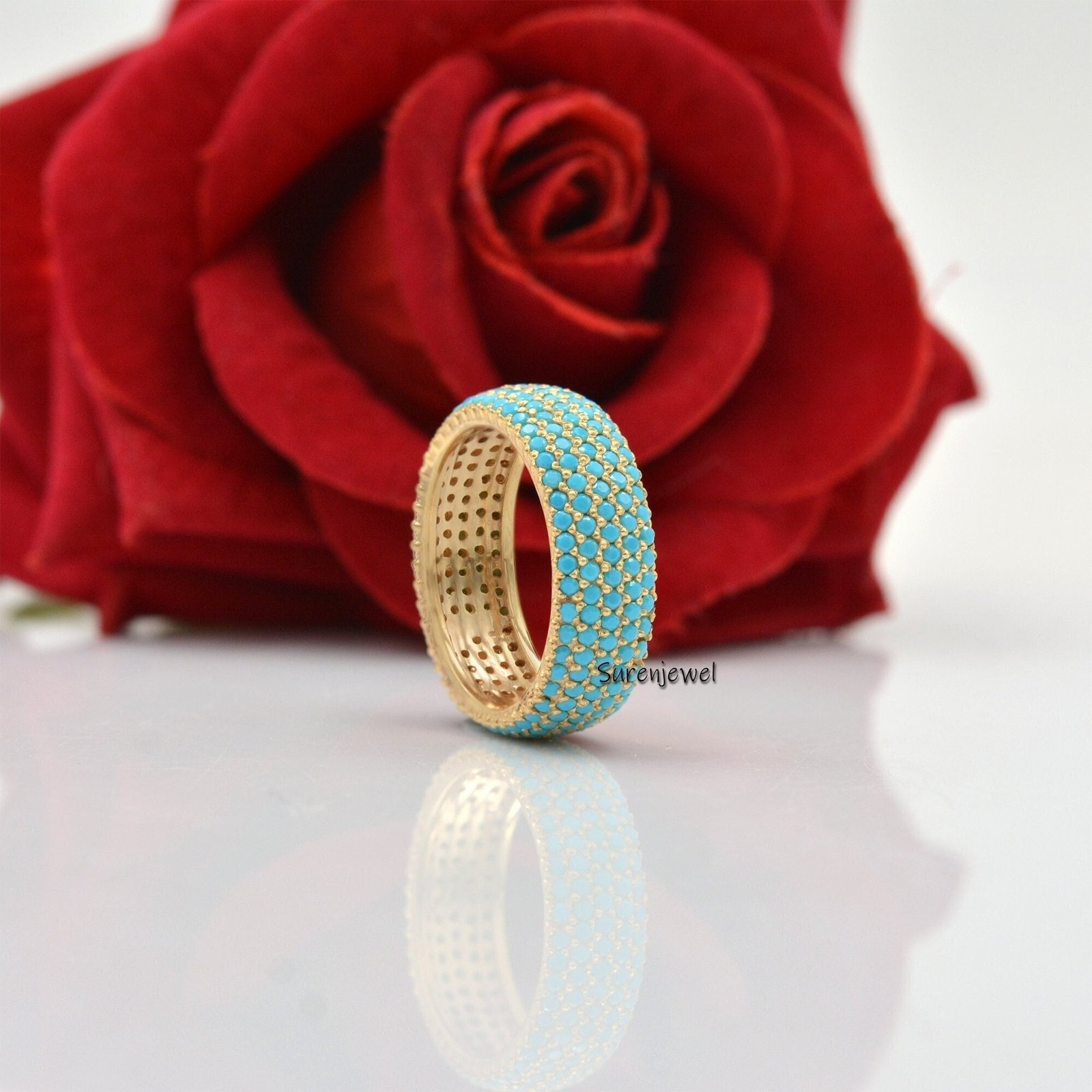 Turkish Turquoise 5 Row Ring, Gemstone Cigar Band - View 5 - Suren Jewels | SKU: SJR801-SLRGRHTQ-US-8 Turkish Turquoise 5 Row Ring, Gemstone Cigar Band - View 5 - Suren Jewels | SKU: SJR801-SLRGRHTQ-US-8