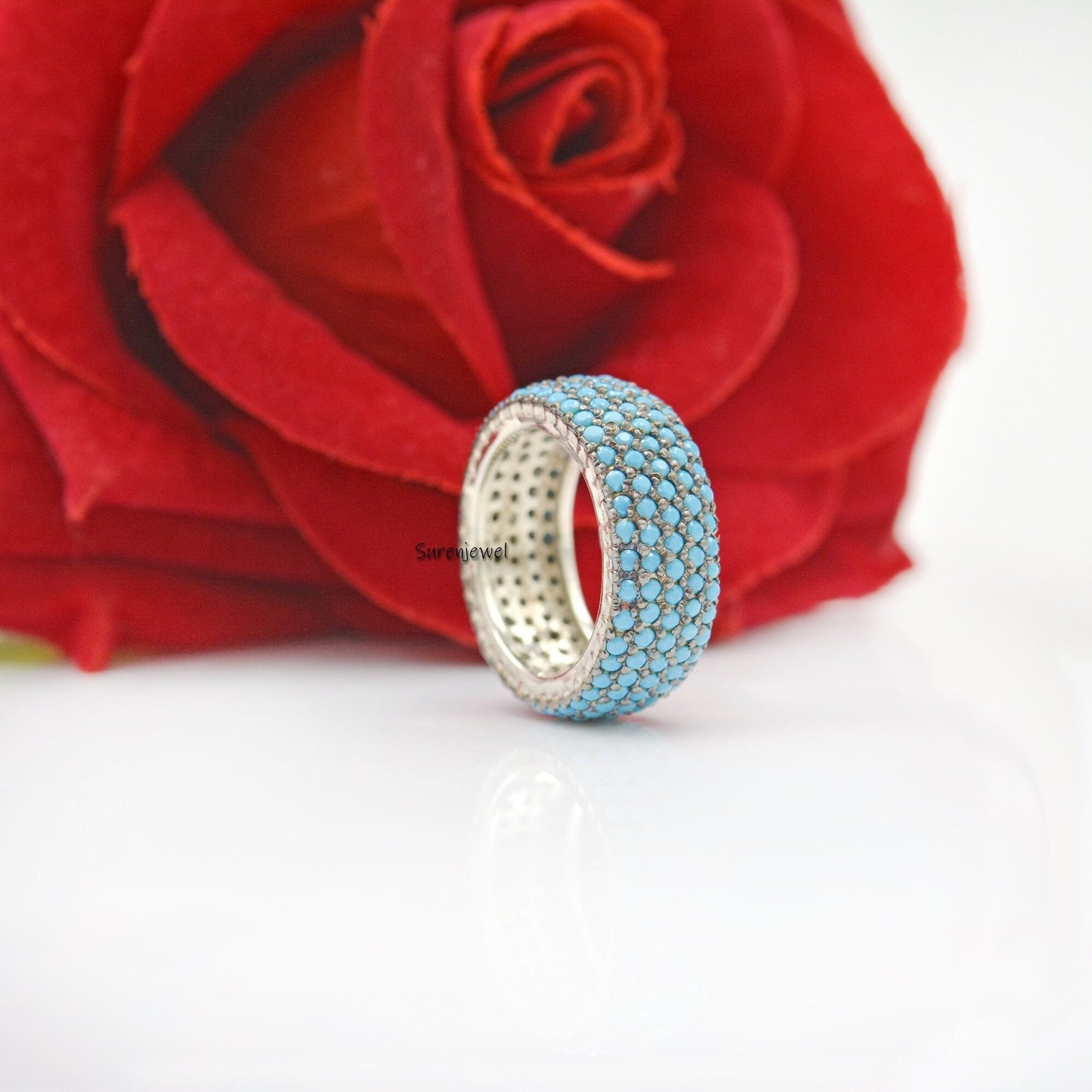 Turkish Turquoise 5 Row Ring, Gemstone Cigar Band - View 6 - Suren Jewels | SKU: SJR801-SLRGRHTQ-US-8 Turkish Turquoise 5 Row Ring, Gemstone Cigar Band - View 6 - Suren Jewels | SKU: SJR801-SLRGRHTQ-US-8