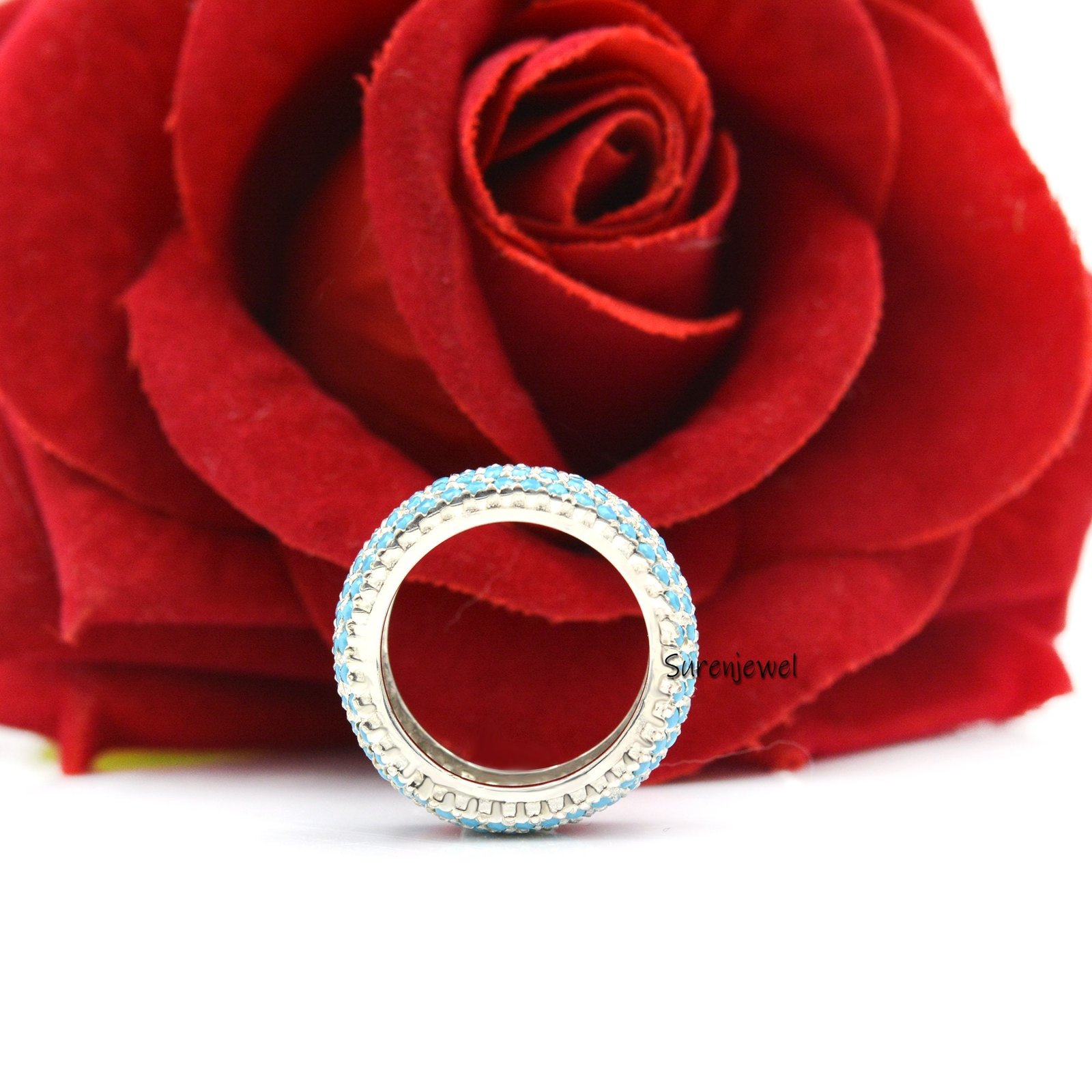 Turkish Turquoise 5 Row Ring, Gemstone Cigar Band - View 7 - Suren Jewels | SKU: SJR801-SLRGRHTQ-US-8 Turkish Turquoise 5 Row Ring, Gemstone Cigar Band - View 7 - Suren Jewels | SKU: SJR801-SLRGRHTQ-US-8