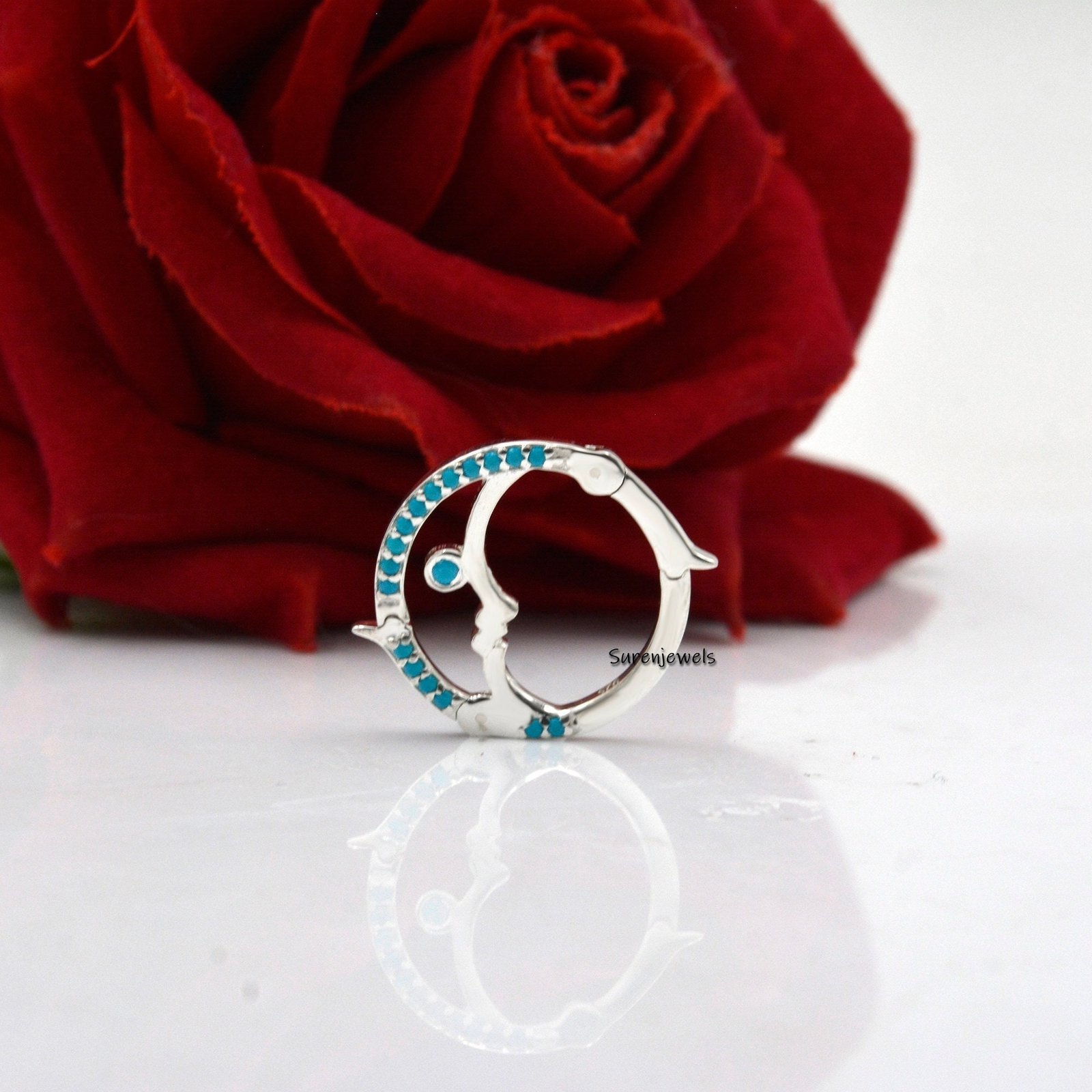 Turquoise Crescent Moon Charm Holder: 14K Solid Gold Lock, 20mm - Suren Jewels | SKU: SJP944-SLYGDI Turquoise Crescent Moon Charm Holder: 14K Solid Gold Lock, 20mm - Suren Jewels | SKU: SJP944-SLYGDI