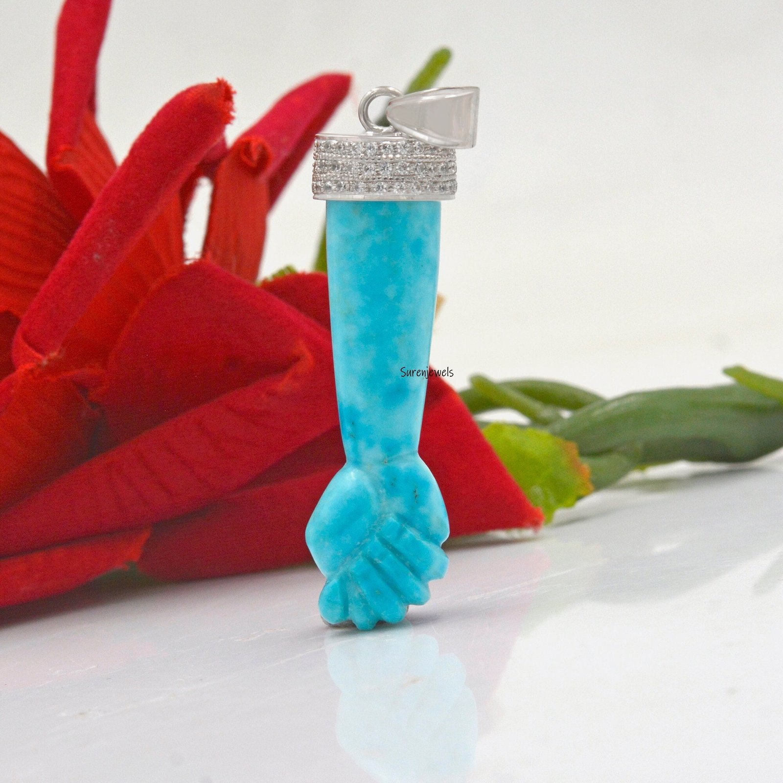 Turquoise Figa Pendant: Hand Carved Gemstone Mano, Sterling Silver - Suren Jewels | SKU: SJP628-SLWGCZTQ-N41-18I-925 Turquoise Figa Pendant: Hand Carved Gemstone Mano, Sterling Silver - Suren Jewels | SKU: SJP628-SLWGCZTQ-N41-18I-925
