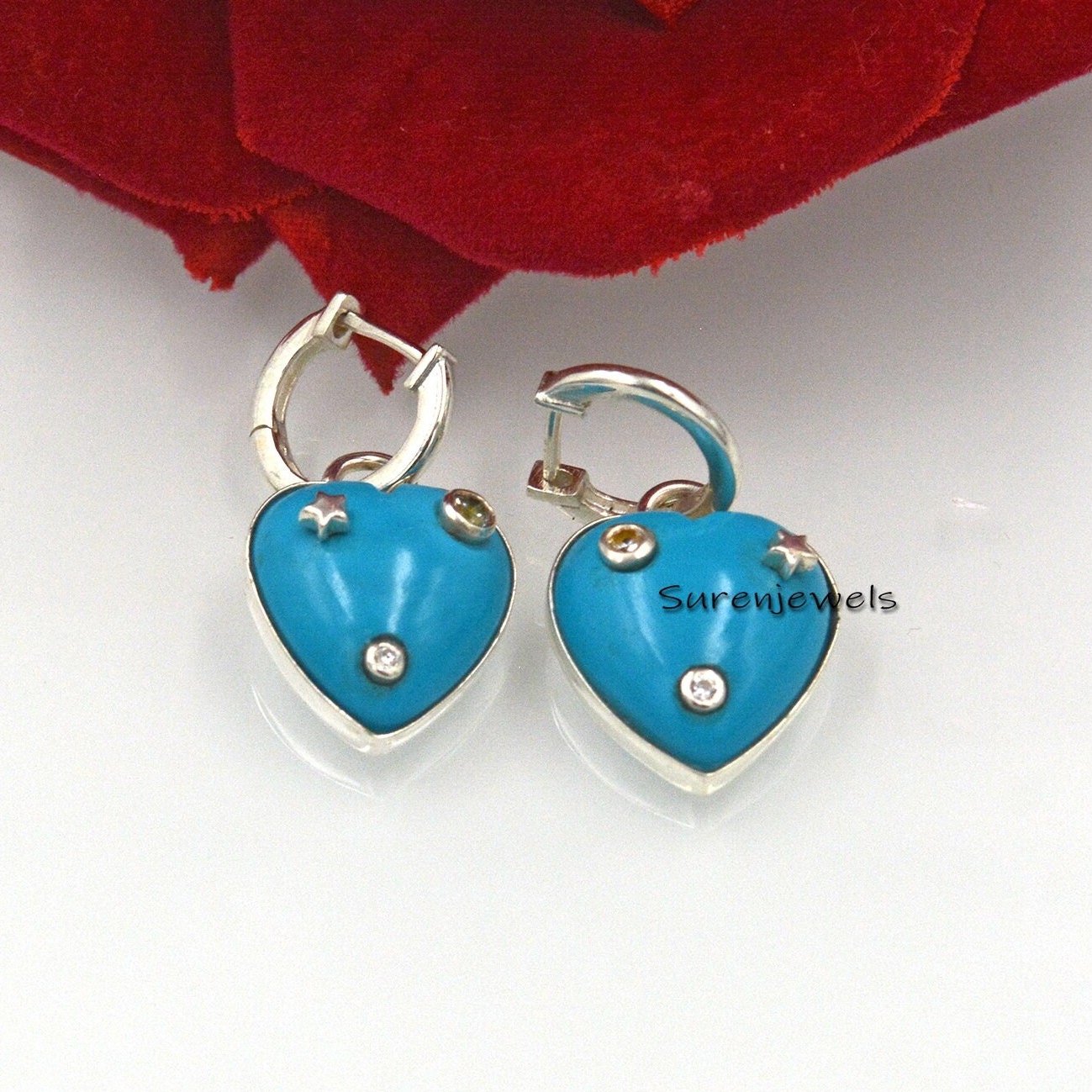 Turquoise Heart Dangle Earrings: 925 Silver Hook Earrings - Suren Jewels | SKU: SJE1052 Turquoise Heart Dangle Earrings: 925 Silver Hook Earrings - Suren Jewels | SKU: SJE1052