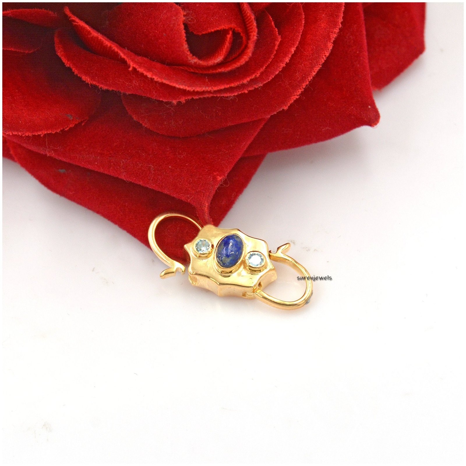 Turquoise & Pink Quartz Padlock: 14k Gold Vermeil Connector - Suren Jewels | SKU: SJP68-SLYGTQPQ-N22-18I-925 Turquoise & Pink Quartz Padlock: 14k Gold Vermeil Connector - Suren Jewels | SKU: SJP68-SLYGTQPQ-N22-18I-925