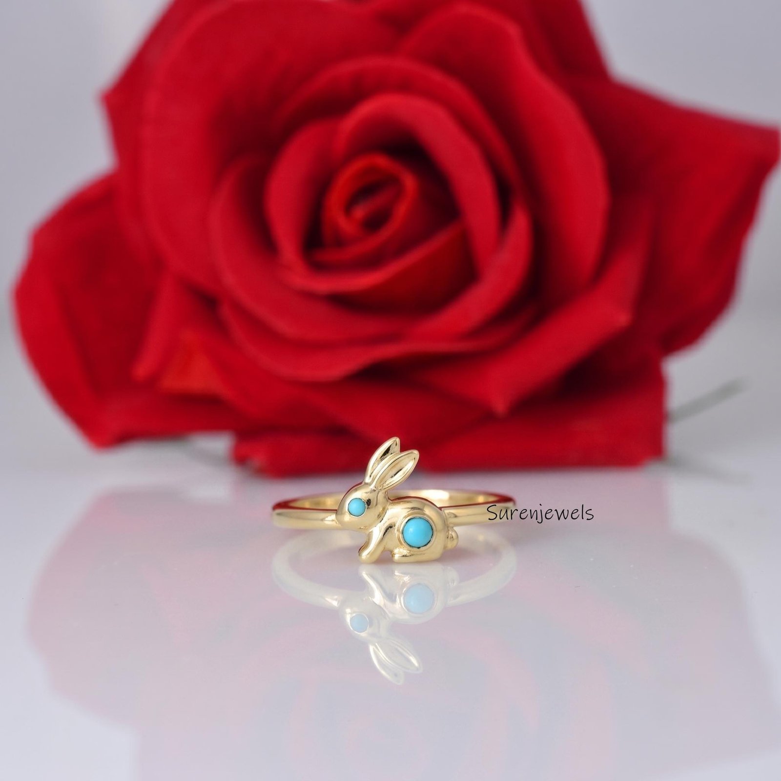 Turquoise Rabbit Ring, Gold Plated Bunny Jewelry, Animal Lover Gift, Delicate Nature Inspired Ring, Easter Bunny Ring, Cute G Turquoise Rabbit Ring, Gold Plated Bunny Jewelry, Animal Lover Gift, Delicate Nature Inspired Ring, Easter Bunny Ring, Cute G