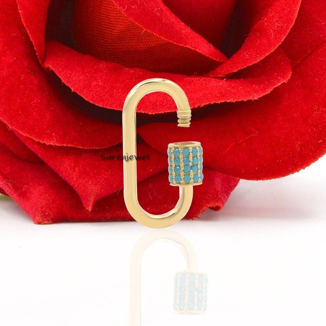 Turquoise Sterling Silver Carabiner Lock: Oval Jewelry Clasp - View 2 - Suren Jewels | SKU: SJC07-SLWGTQ-30M Turquoise Sterling Silver Carabiner Lock: Oval Jewelry Clasp - View 2 - Suren Jewels | SKU: SJC07-SLWGTQ-30M