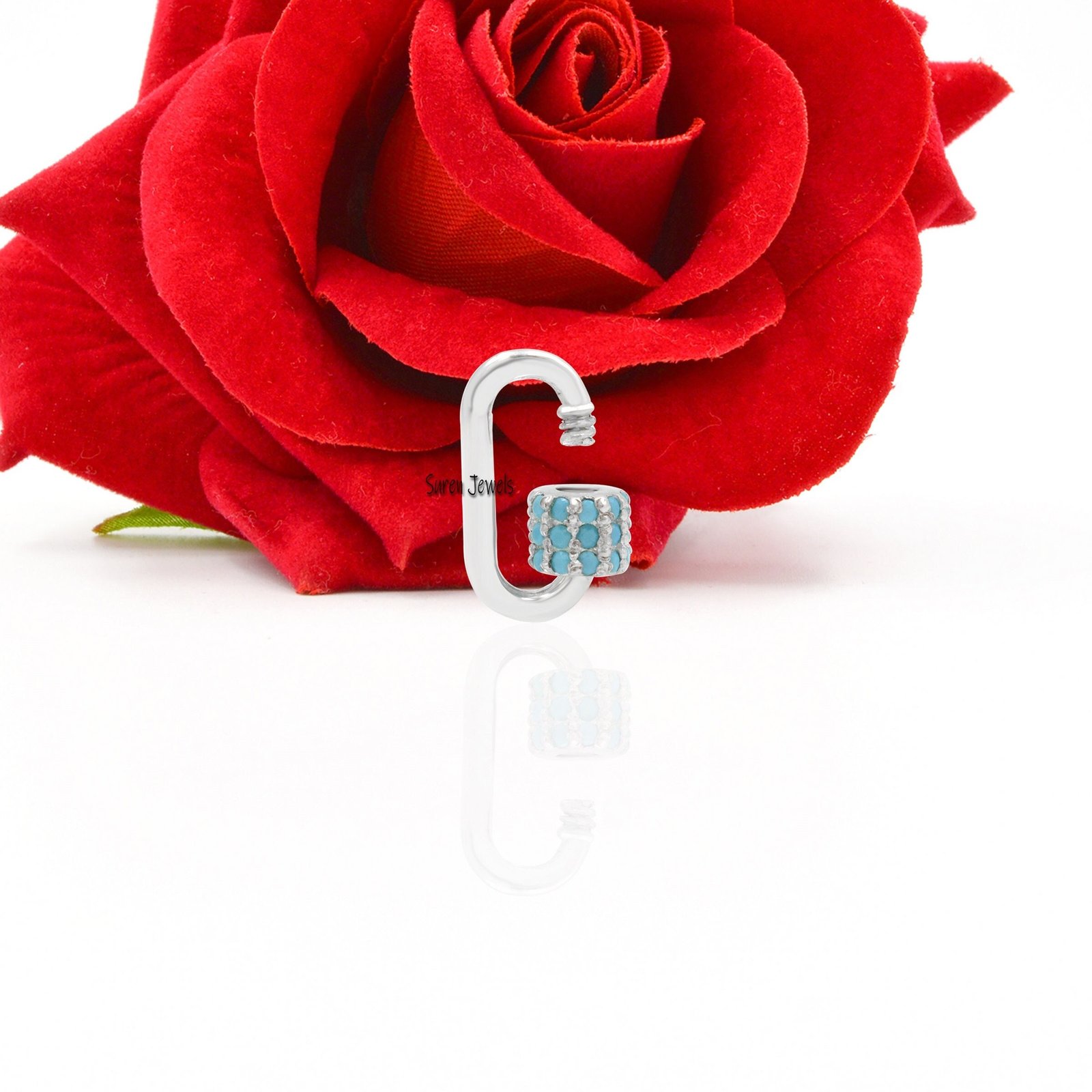 Turquoise Sterling Silver Carabiner Lock: Oval Jewelry Clasp - View 3 - Suren Jewels | SKU: SJC07-SLWGTQ-30M Turquoise Sterling Silver Carabiner Lock: Oval Jewelry Clasp - View 3 - Suren Jewels | SKU: SJC07-SLWGTQ-30M