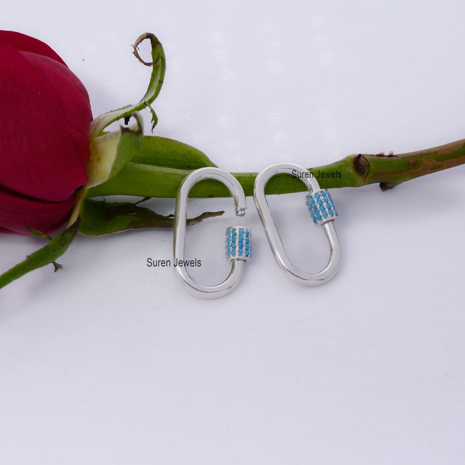 Turquoise Sterling Silver Carabiner Lock: Oval Jewelry Clasp - View 7 - Suren Jewels | SKU: SJC07-SLWGTQ-30M Turquoise Sterling Silver Carabiner Lock: Oval Jewelry Clasp - View 7 - Suren Jewels | SKU: SJC07-SLWGTQ-30M