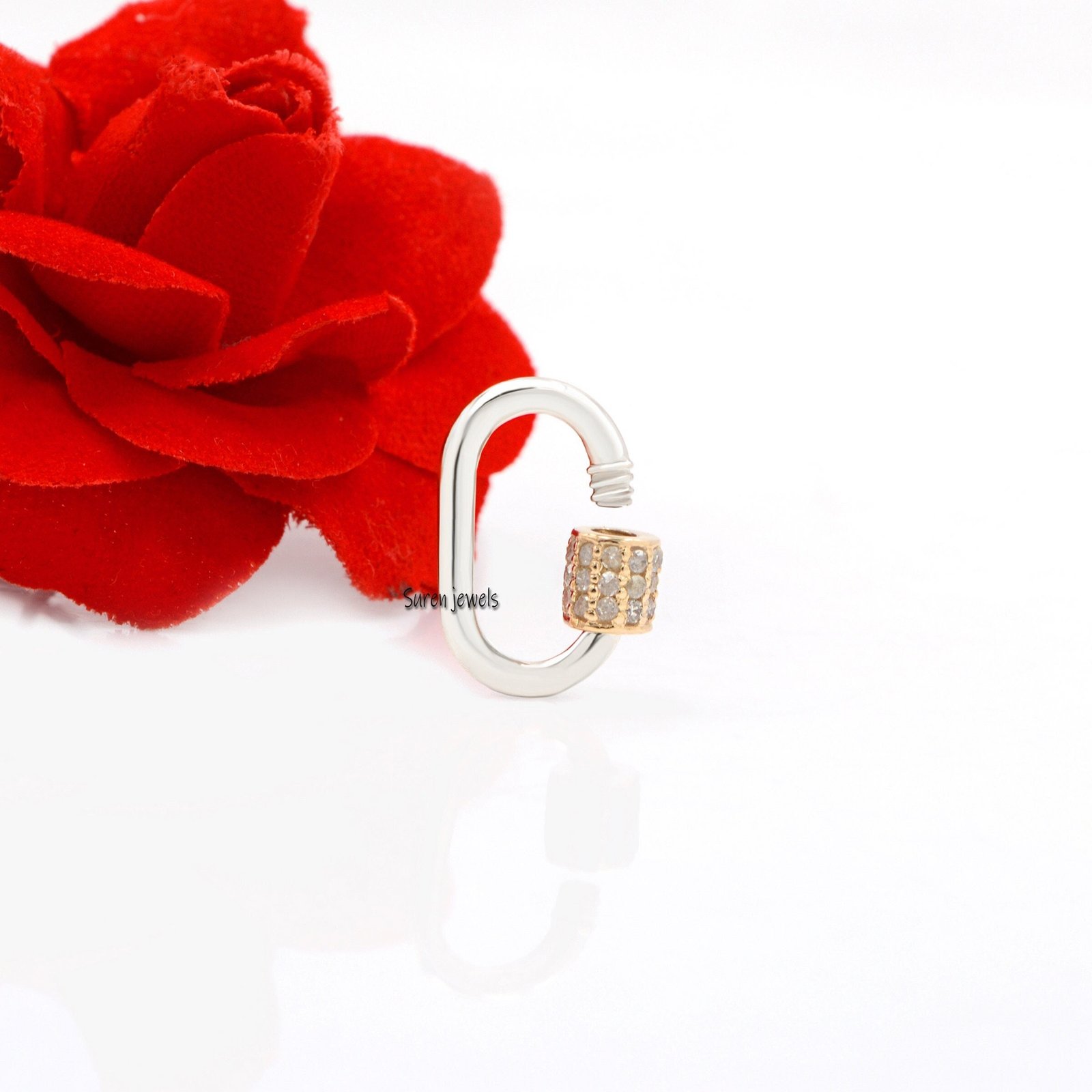 Two Tone Diamond Carabiner Lock - View 2 - Suren Jewels | SKU: SJC131 Two Tone Diamond Carabiner Lock - View 2 - Suren Jewels | SKU: SJC131